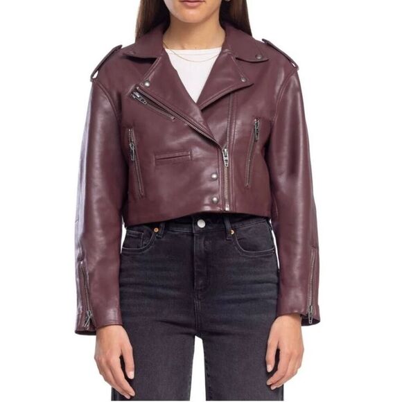 BLANKNYC Faux Vegan Leather Crop Moto Jacket In Wine Size Small NEW - Picture 1 of 11